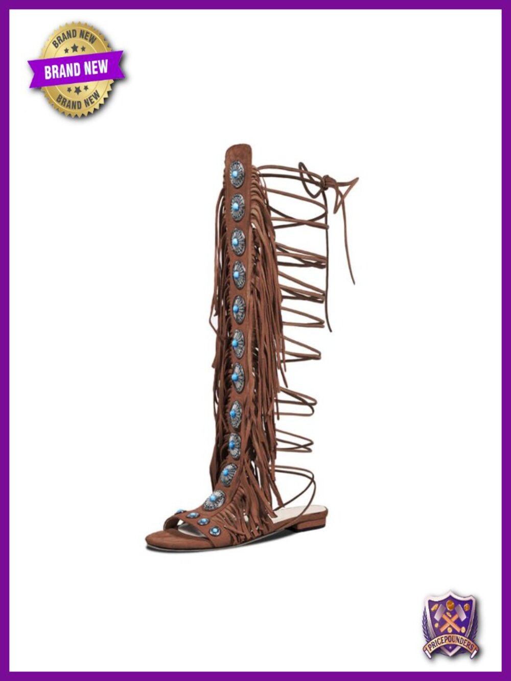 Boho Fringe Gladiator Sandals Turquoise Studs Knee-High Lace-Up Flat Summer